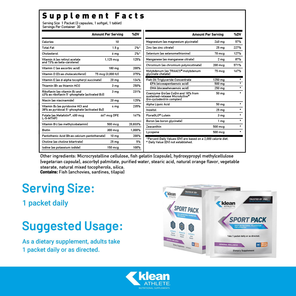 Klean Athlete Klean Sport Pack - Contains Magnesium Glycinate, Vitamin D & Omega-3 - Supports Muscle, Joint & Immune Health - NSF Certified - Daily Nutritional Supplement for Athletes - 30 Packets Klean AthleteBuy Supplements Australia