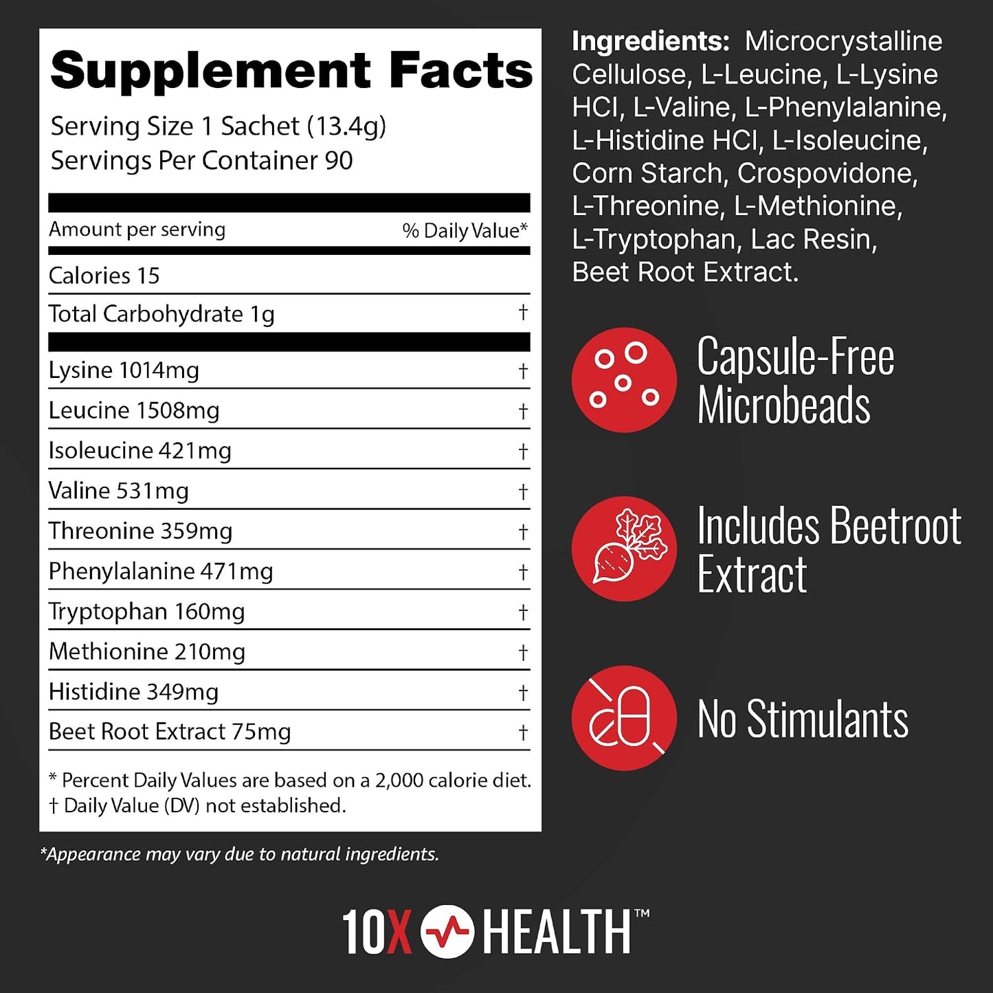 10X Health Amino Acids Supplement - 90 Sachets | Eaa Supplement: Time-Release Microbead Technology, 7-Hour Delivery, 90 Sachets
