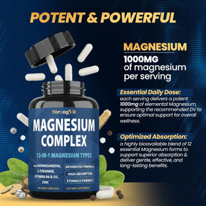 1000mg Magnesium Complex for Women and Men, 12 in 1 Magnesium Supplement with Ashwagandha, Zinc, D3, L-theanine. Easy to Swallow, High Absorption, Sleep Support & Stress Relief (60 Capsules) StrongVit buy supplements Au