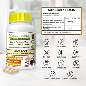Peruvian Maca Root Capsules 150 ct. Powerful Maca Blend of Yellow Red & Black Maca Root with Black Pepper. All Natural NonGMO Vegan No Stearate No Rice Powder No Silica No Filler GoodlifePickBuy Supplements Australia