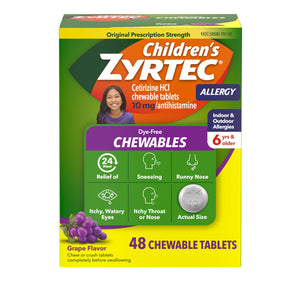 Zyrtec Children's Dye-Free Chewables for 24 Hour Allergy Relief, 10 mg Cetirizine Hydrochloride Antihistamine Tablets, Kids Allergy Medicine Relieves Sneezing & Itchy Throat, Grape, 48 ct Zyrtec buy supplements Au