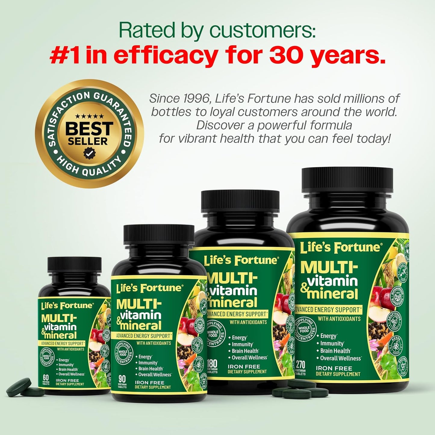 Life's Fortune Whole Food Multivitamin & Mineral Supplement for Men & Women – Energy Support Vitamins for Immune, Brain & Metabolism Support – Iron Free, 270 Vegetarian Tablets