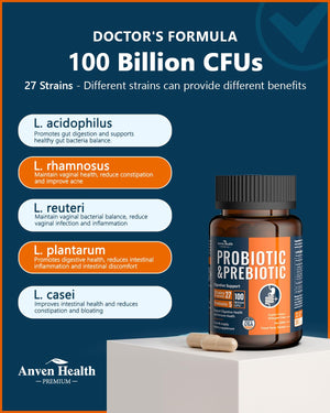 Anven Health 100 Billion Probiotics for Men and Women 27 Strains 5 Organic Prebiotics for Gut Digestive & Immune Health, Supports Diarrhea Gas Bloating, - PrimeBioHealth - canada supplements