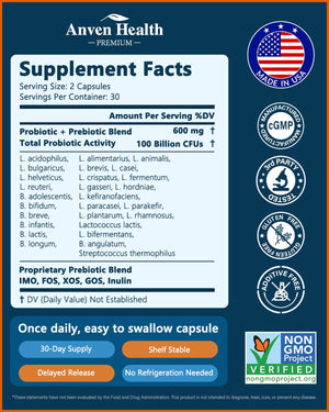 Anven Health 100 Billion Probiotics for Men and Women 27 Strains 5 Organic Prebiotics for Gut Digestive & Immune Health, Supports Diarrhea Gas Bloating - PrimeBioHealth - canada supplements