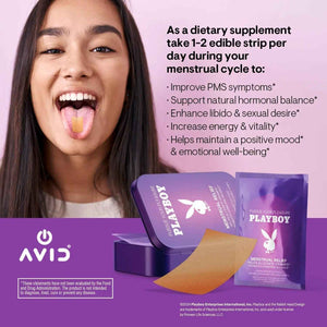 AVID Playboy - Menstrual Relief PMS Oral Strips (30 Edible Strips) Fast Dissolving PMS Cramp Relief & Hormonal Balance Strips for Women - Lemon Ginger Flavored Multi-Benefit PMS Supplement for Women