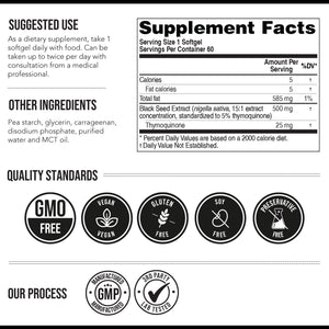 Black Seed Oil Softgels | 5% Thymoquinone - TQ-Advanced® | High Potency - 500 mg per Capsule - 15:1 Concentrate from Nigella Sativa Extract, Raw Form, Vegan Formula, Glass Bottle (60 Softgels) - PrimeBioHealth - canada supplements