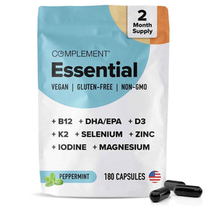 Complement Essential Vegan Multivitamin for Men & Women (60 Servings, 180 Capsules) with Omega-3 DHA & EPA, B12, Vitamin D3 & K2
