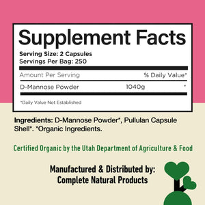 D Mannose 520mg Capsules - Organic D Mannose Supplement for UT Support, Urinary Tract Bladder Health Pills, Plant Based Formula, Vegan Non GMO, No Fillers, 500 Capsule Count Made USA Certified Kosher