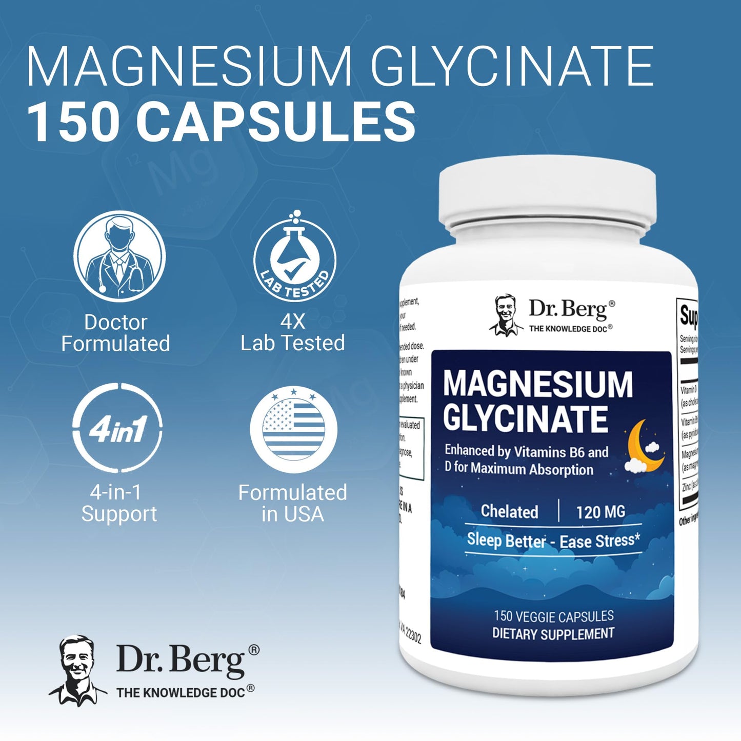 Dr. Berg Magnesium Glycinate 150ct – 4-in-1 Chelated for Muscle, Nerve, Sleep & Stress Support*– w/ D3, B6 & Zinc – 4X Lab-Tested - PrimeBioHealth - canada supplements