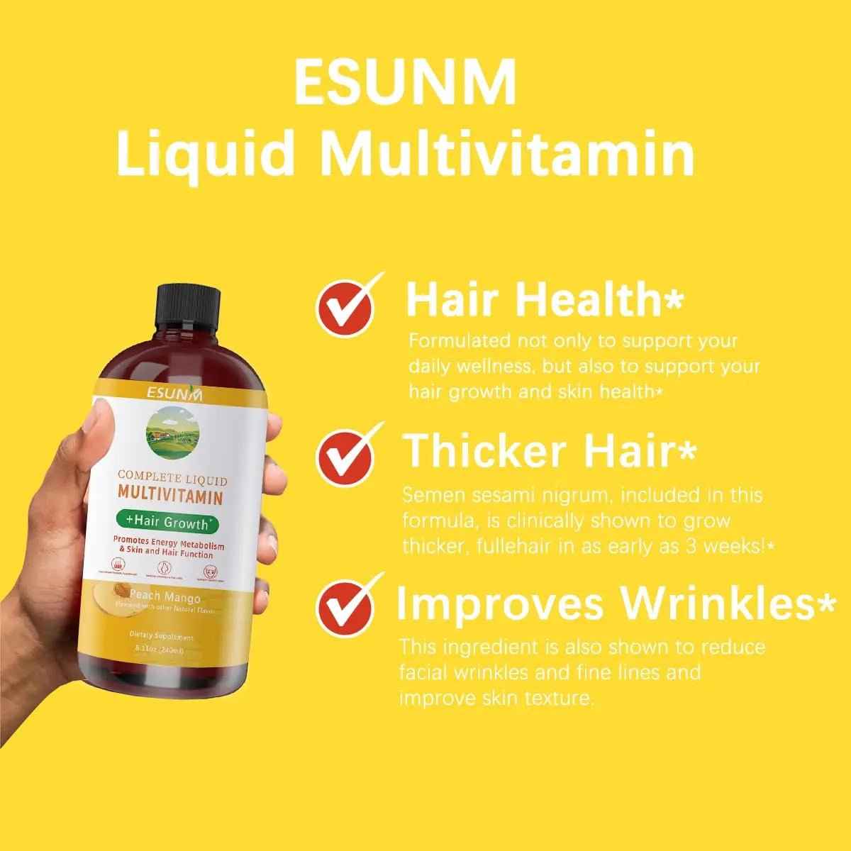 ESUNM Complete Liquid Multivitamin + Hair Growth, Promotes Energy Metabolism& Skin and Hair Function| Vitamin C D | B Vitamins |