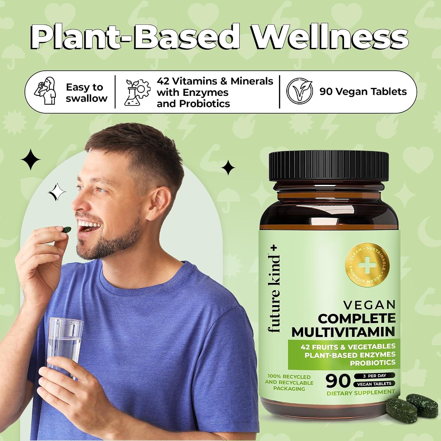 Future Kind Vegan Multivitamins Complete - 42-in-1 Vegan Multivitamins for Women & Men with Enzymes, B12, Zinc, & Probiotics for Digestion (90 tabs in Recycled Bottle) - PrimeBioHealth - canada supplements