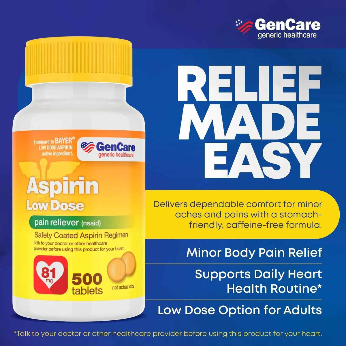 GenCare - Low Dose Aspirin 81mg for Adults Coated (NSAID) 500 Tablets | Adult Low Dose | Enteric Coated Aspirin Pills | Muscle Pain & Menstrual Pain Relief | Fever Reducer | Generic Bayer