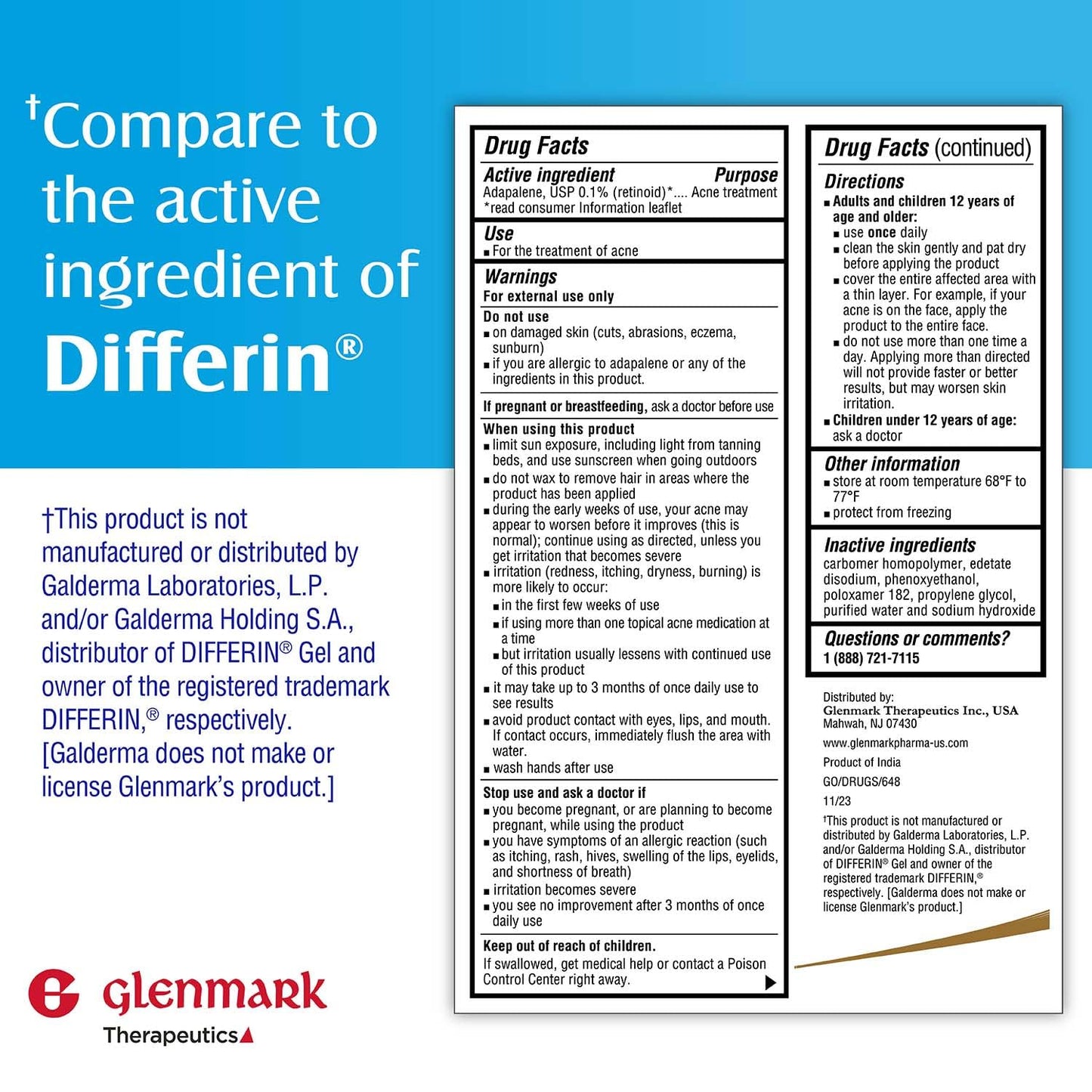 Glenmark Therapeutics Adapalene Gel 0.1% Acne Treatment, Paraben Free Topical Retinoid Cream for Face - PrimeBioHealth - canada supplements