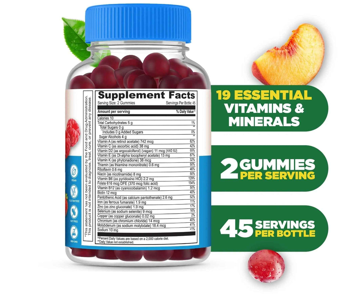 Lifeable Sugar Free Multivitamin Gummies | with Iron Vitamin A, C, D, E, Niacin, B6, Folate, B12, Biotin, Pantothenic Acid, Zinc |