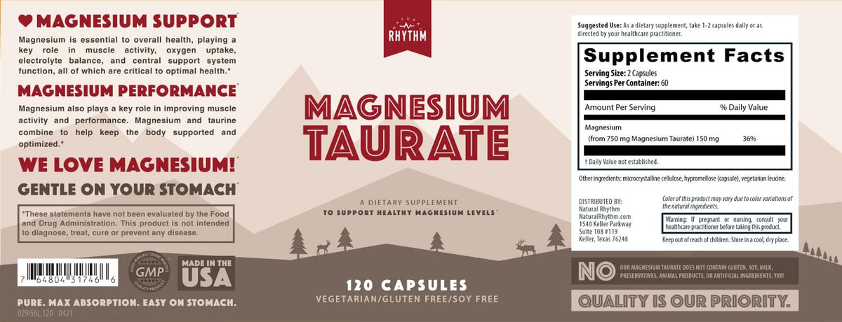 Magnesium Taurate 750mg (150mg Elemental Magnesium) – 120 Vegetarian Capsules – High-Absorption Magnesium Taurate Supplement for Heart, Muscle, and Nerve Support - PrimeBioHealth - canada supplements