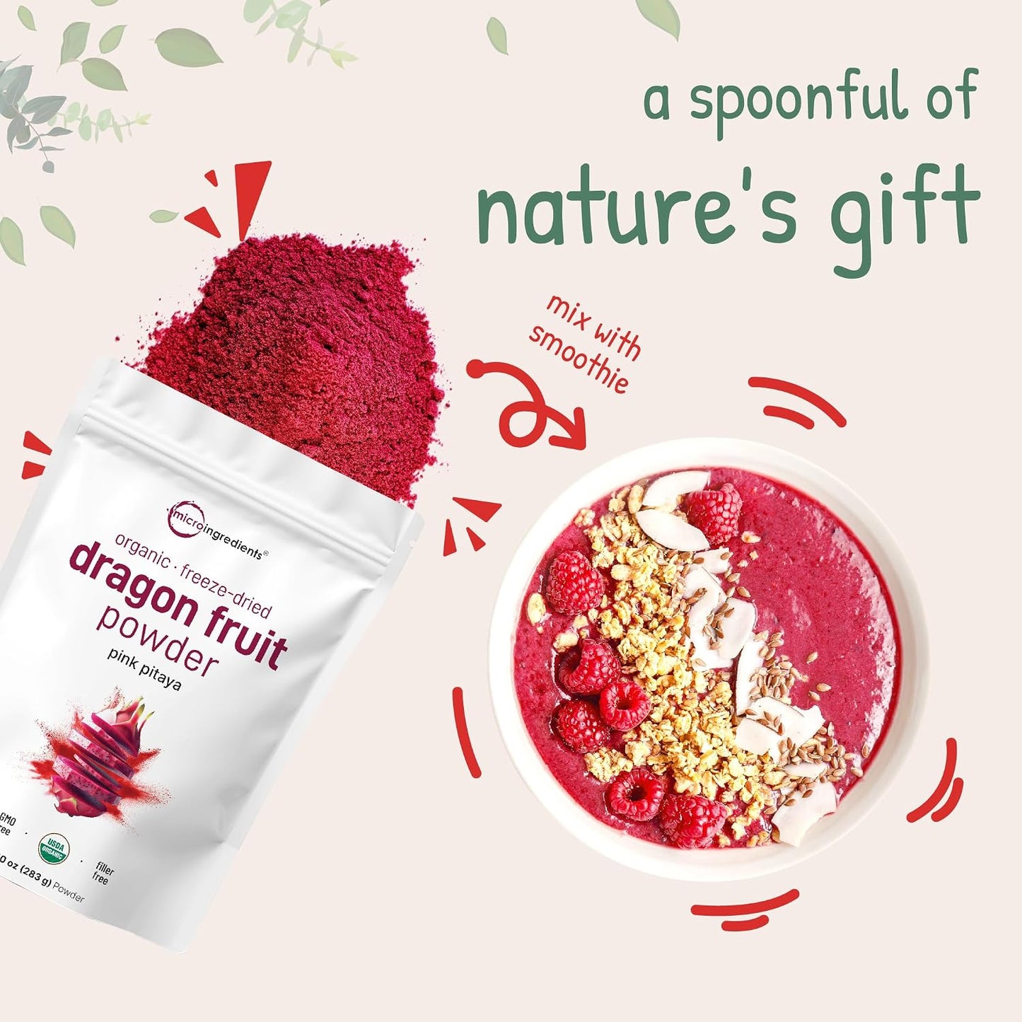 Micro Ingredients Organic Dragon Fruit Powder, 10oz | Natural Fruit Flavor | Freeze-Dried Pink Pitaya Source | No Sugar & Additives | Great for Drinks, Smoothie, & Beverages | Non-GMO & Vegan Friendly - PrimeBioHealth - canada supplements