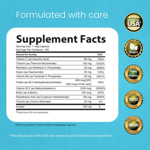 NaturaLife Labs Vitamin B Complex – All B Vitamins Including Active B2, B6, B9 & B12 (Methylcobalamin), Plus B1, B3, B5, B7 & Vitamin C – 100 Capsules - PrimeBioHealth - canada supplements