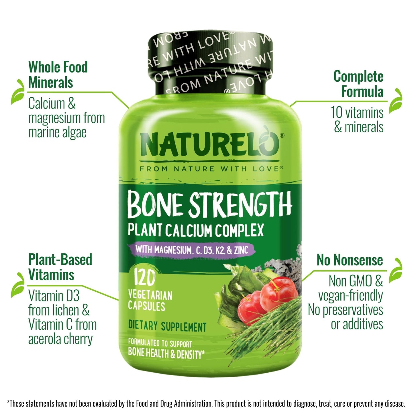 NATURELO Calcium Supplement - with Vitamin C, Vitamin D3, K2, and Calcium Magnesium Zinc for Bone Strength with Calcium 600mg - Plant-Based, 120 Vegetarian Capsules - PrimeBioHealth - canada supplements