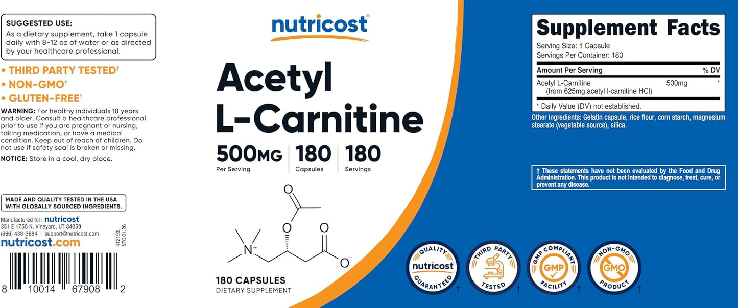 Nutricost Acetyl L-Carnitine (ALCAR) 500mg, 180 Capsules | GMO-Free and Gluten Free, 180 Servings - PrimeBioHealth - canada supplements