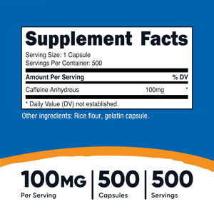 Nutricost Caffeine Pills 100mg Per Serving, 250 Capsules - PrimeBioHealth - canada supplements