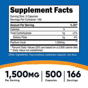 Nutricost Psyllium Husk 1500mg Per Serving, 500 Capsules - Non-GMO & Gluten Free - PrimeBioHealth - canada supplements