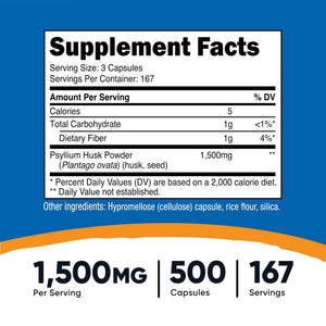 Nutricost Psyllium Husk 1500mg Per Serving, 500 Capsules - Non-GMO & Gluten Free - PrimeBioHealth - canada supplements