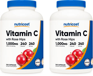 Nutricost Vitamin C with Rose Hips 1025mg, 240 Capsules, Gluten Free | Vitamin C 1,000mg, Rose Hips 25mg, GMO-Free - PrimeBioHealth - canada supplements