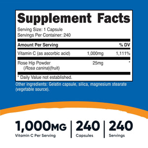 Nutricost Vitamin C with Rose Hips 1025mg, 240 Capsules, Gluten Free | Vitamin C 1,000mg, Rose Hips 25mg, GMO-Free - PrimeBioHealth - canada supplements