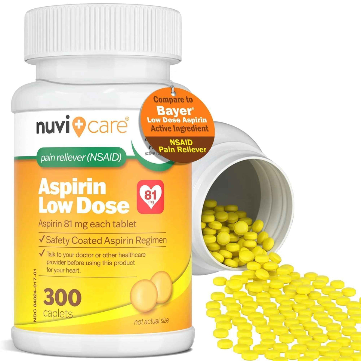 NUVICARE Low Dose Aspirin 81mg for Adults Coated Caplets - Compare to Active Ingredient in Low Dose Bayer Aspirin for Adults - Safety Coated (300 Count)