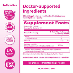Pink Stork Sunflower Lecithin Supplement - 1200 mg for Clogged Milk Ducts - Breastfeeding Essentials for Postpartum Moms - PrimeBioHealth - canada supplements