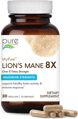 PURE ESSENCE LABS MyPure Lion's Mane 8X - Max Strength Brain Support with 100% Fruiting Body Organic Lion's Mane for Ultimate Cognitive Performance, Focus, and Mental Clarity, 30 Capsules - PrimeBioHealth - canada supplements