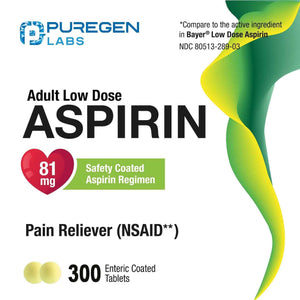 Puregen Labs Aspirin 81 mg Low Dose (NSAID) – 300 Enteric Coated Tablets