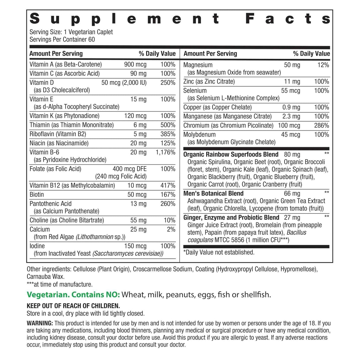 Rainbow Light Mens Multivitamin One + | 60 Caplets | Supports Energy & Antioxidant Health | with Real Food Nutrients, Digestive Enzymes & Probiotics