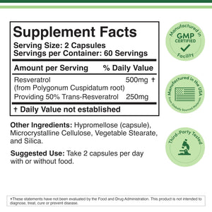 Resveratrol Supplement 500mg Per Serving, 120 Capsules (Resveratrol Polygonum Root Extract Providing 50% Trans Resveratrol) - PrimeBioHealth - canada supplements