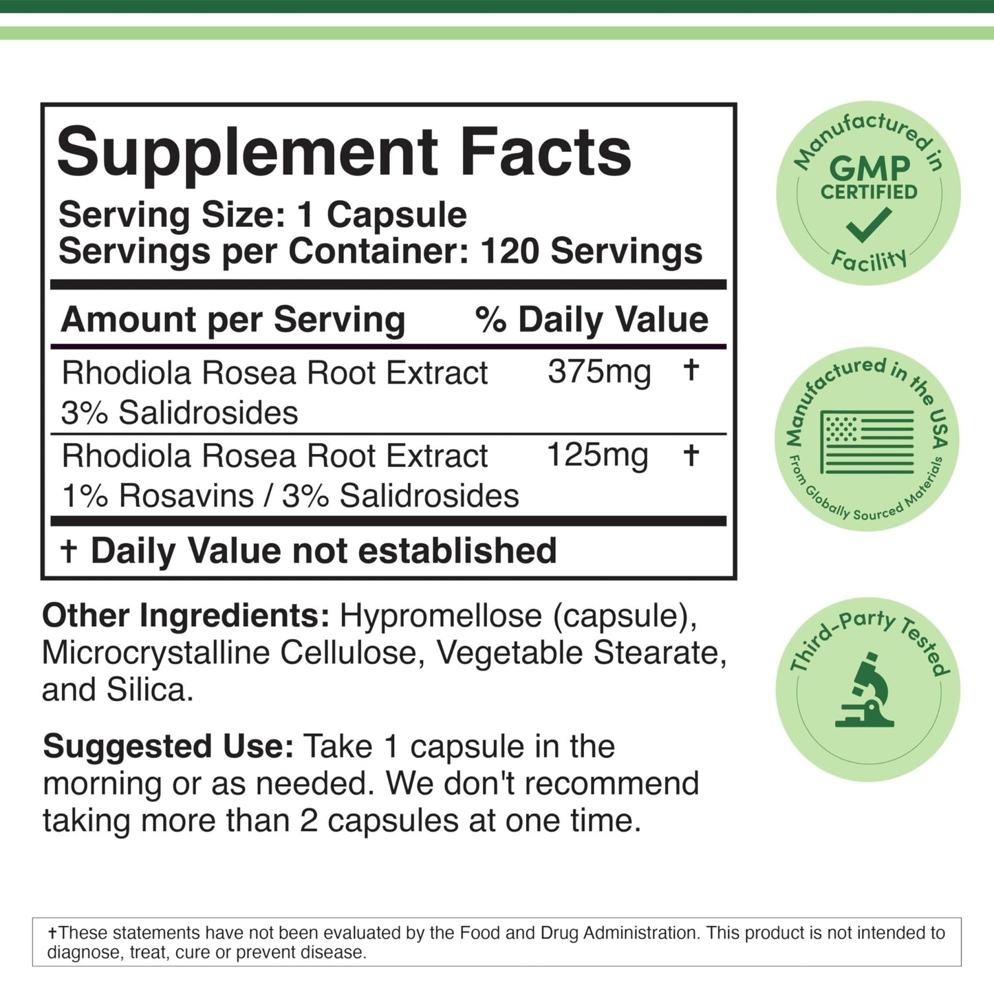 Rhodiola Rosea Supplement 500mg, 120 Vegan Capsules (Third Party Test, Gluten Free, 3% Salidrosides, 1% Rosavins Extract) for Performance, - PrimeBioHealth - canada supplements