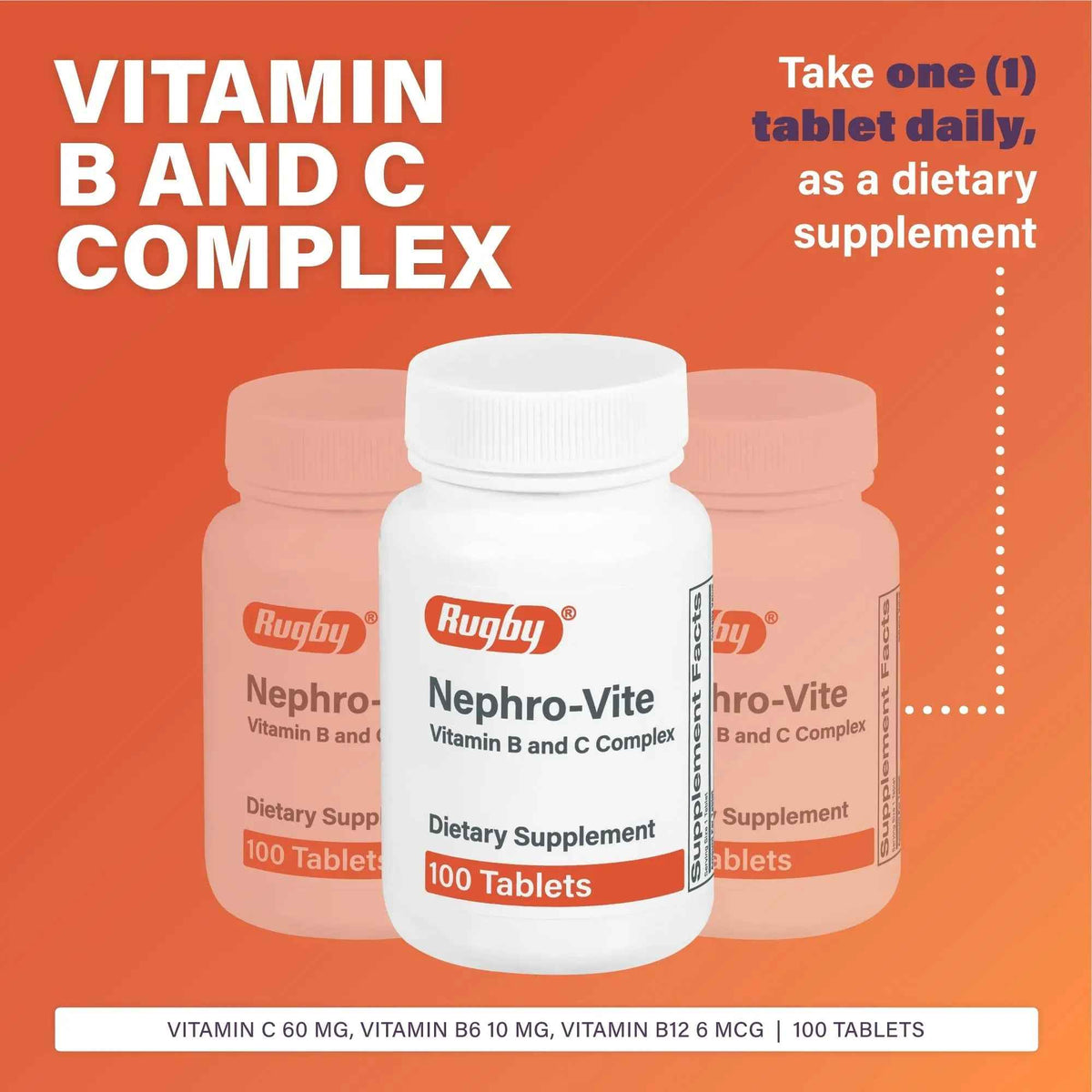 Rugby Nephro-Vite Vitamin B and C Complex Tablets - Dietary Supplement - 100 Count (1 Pack)