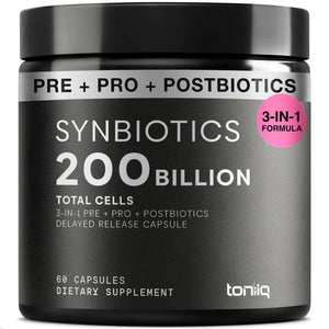 Toniiq Prebiotics and Probiotics – 200B CFU Synbiotic with Postbiotics IMMUSE® & ButyraGen® – 30 Strains for Gut & Digestive Health – Shelf-Stable - PrimeBioHealth - canada supplements