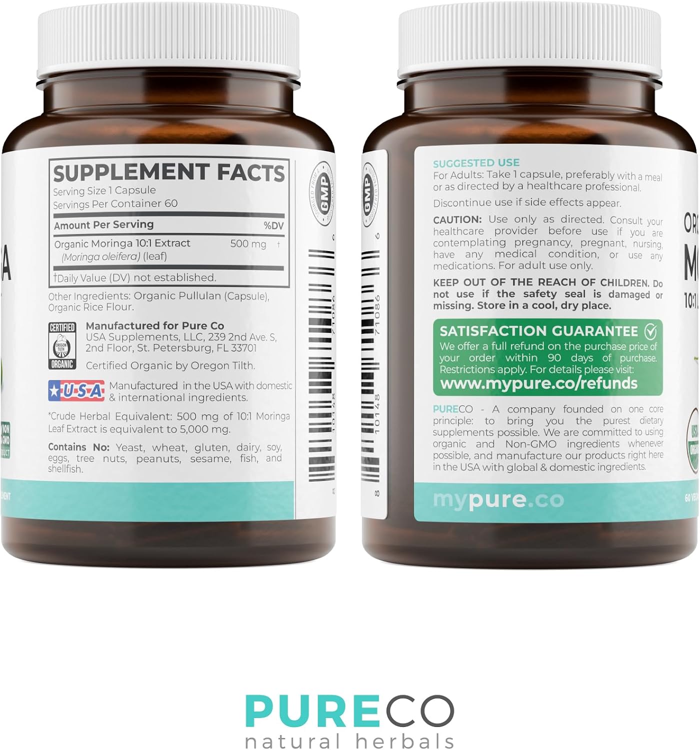 USDA Organic Moringa Capsules - High Potency Organic Moringa 500mg Extract 10:1 Per 1 Capsule Serving - Nutrient Dense Green Superfood Antioxidant - Vegan & Non-GMO Moringa (2 Month Supply) - PrimeBioHealth - canada supplements