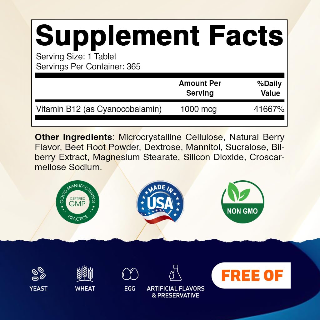 Vitamatic Vitamin B12 1000 mcg Fast Dissolve – 365 Tablets – Natural Berry Flavor – Supports Energy Metabolism - PrimeBioHealth - canada supplements
