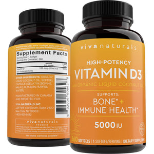 Viva Naturals Vitamin D3 5000 IU Softgels, 360 Count (125 mcg), Supports Bone & Immune Health, High Potency Vitamin D - PrimeBioHealth - canada supplements
