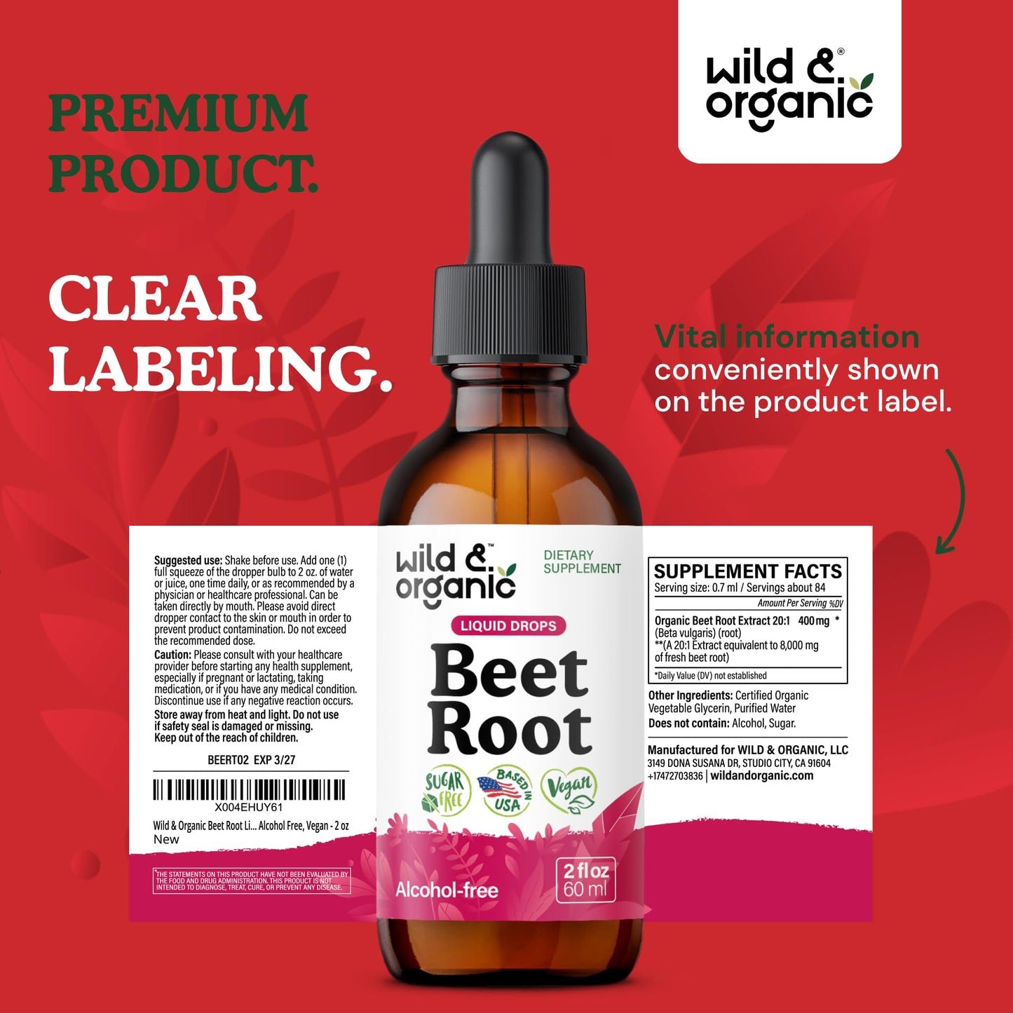 Wild & Organic Beet Root Extract Drops - Energy Support - Liquid Red Beets Supplements - 400 mg per Serving - Mix with Powder - Vegan, Sugar & Alcohol - 4 fl oz - PrimeBioHealth - canada supplements