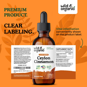 Wild & Organic Ceylon Cinnamon Supplements 500mg - Antioxidant Support - Ceylon Cinnamon Drops - Add to Tea Liquid Extract - Cinnamomum Verum Bark - Unflavored, Sugar & Alcohol-Free Tincture - 4 fl oz - PrimeBioHealth - canada supplements
