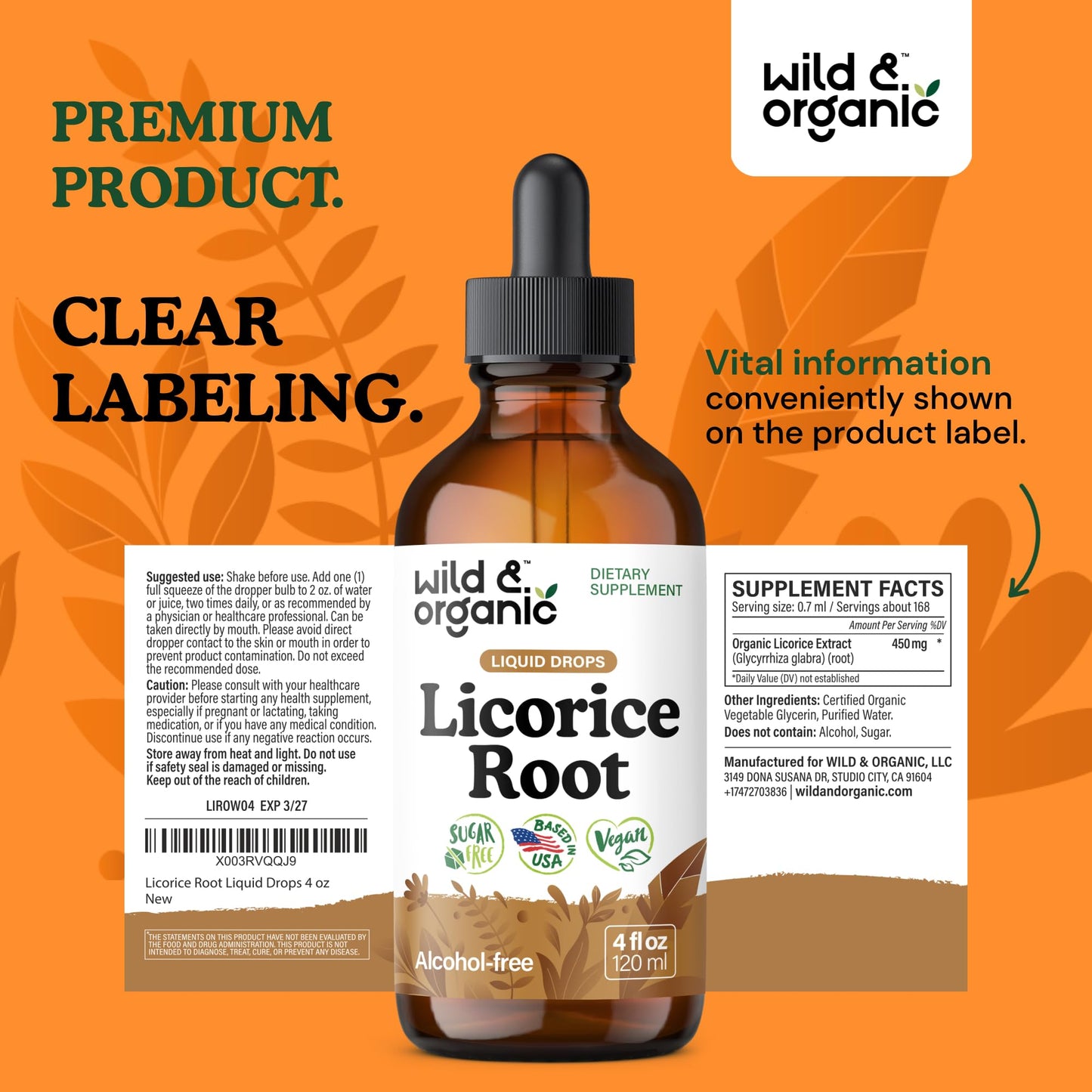 Wild & Organic Licorice Root Tincture - Digestive, Lung & Skin Support - Licorice Root Extract Liquid Drops - Vegan, Sugar & Alcohol-Free Supplement - 4 fl oz - PrimeBioHealth - canada supplements