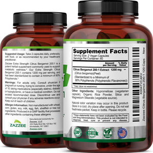 Zazzee Extra Strength Citrus Bergamot 200:1 Extract 1200 mg, 80% Polyphenols, 120 Vegan Capsules, Standardized 200X Potency - PrimeBioHealth - canada supplements