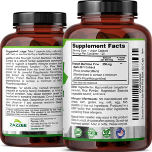 Zazzee Extra Strength French Maritime Pine Bark Extract 20:1, 350 mg Per Capsule, 95% Proanthocyanidins, 180 Vegan Capsules, 6 Month Supply, Certified Kosher, Antioxidant Support, Non-GMO, Made in USA - PrimeBioHealth - canada supplements