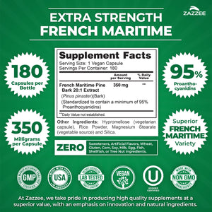 Zazzee Extra Strength French Maritime Pine Bark Extract 20:1, 350 mg Per Capsule, 95% Proanthocyanidins, 180 Vegan Capsules, 6 Month Supply, Certified Kosher, Antioxidant Support, Non-GMO, Made in USA - PrimeBioHealth - canada supplements