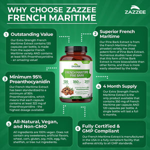 Zazzee Extra Strength French Maritime Pine Bark Extract 20:1, 350 mg Per Capsule, 95% Proanthocyanidins, 180 Vegan Capsules, 6 Month Supply, Certified Kosher, Antioxidant Support, Non-GMO, Made in USA - PrimeBioHealth - canada supplements