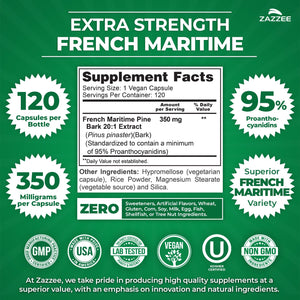 Zazzee Extra Strength French Maritime Pine Bark Extract 20:1, 350 mg Per Capsule, 95% Proanthocyanidins, 180 Vegan Capsules, 6 Month Supply, Certified Kosher, Antioxidant Support, Non-GMO, Made in USA - PrimeBioHealth - canada supplements