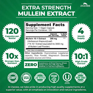 Zazzee Extra Strength Mullein Leaf 10:1 Extract, 120 Vegan Capsules, 4 Month Supply, Verbascum Thapsus, Respiratory & Lung Support, Certified Kosher, 100% Pure Leaf Powder, Non-GMO, Made in the USA - PrimeBioHealth - canada supplements