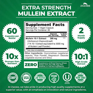 Zazzee Extra Strength Mullein Leaf 10:1 Extract, 120 Vegan Capsules, 4 Month Supply, Verbascum Thapsus, Respiratory & Lung Support, Certified Kosher, 100% Pure Leaf Powder, Non-GMO, Made in the USA - PrimeBioHealth - canada supplements